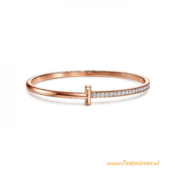 Top Quality Narrow T Hinged Bangle in Rose Gold with Diamonds