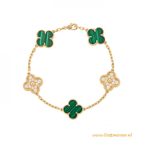 Top Quality Vintage Alhambra Bracelet 5 Motifs Diamond Malachite
